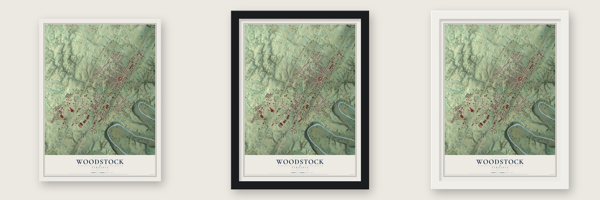 Woodstock, Virginia map unframed, in a black wood frame and in a white wood frame