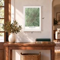 Woodstock, Virginia map, 12 x 18 inch print in a white frame in an entryway