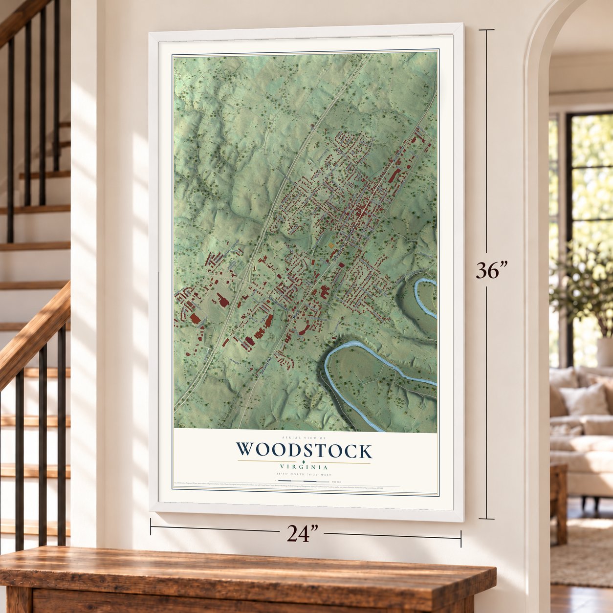 Woodstock, Virginia map, 24 x 36 inch print in a white frame by a staircase