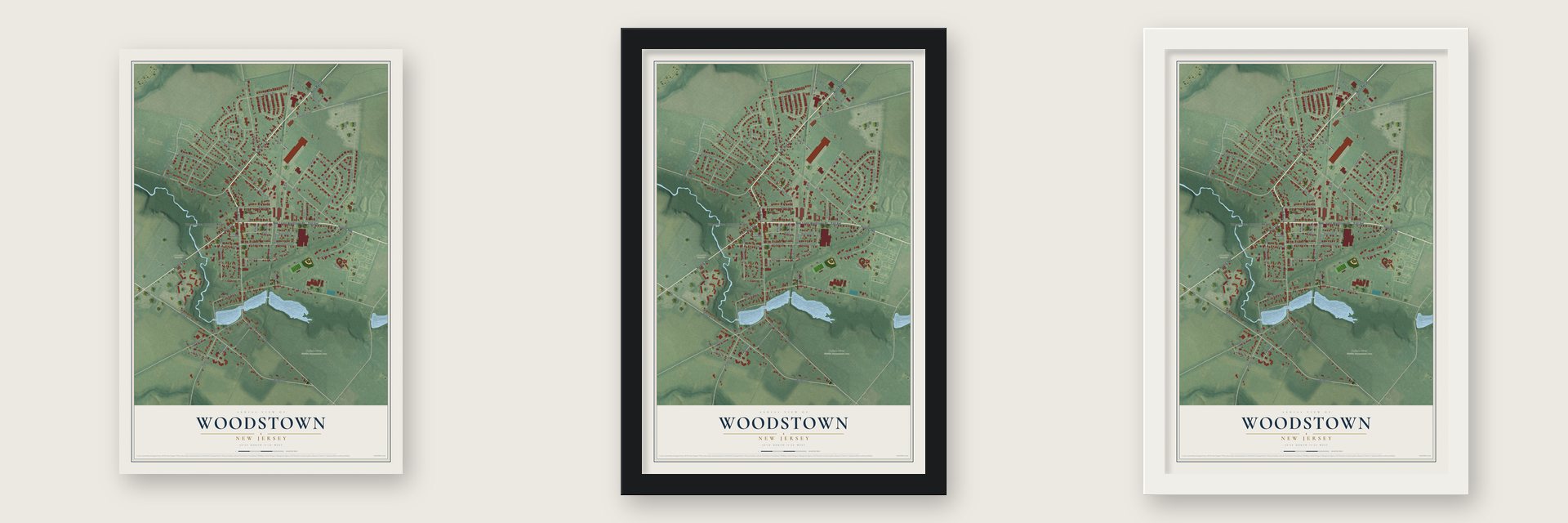 Woodstown, New Jersey map unframed, in a black wood frame and in a white wood frame