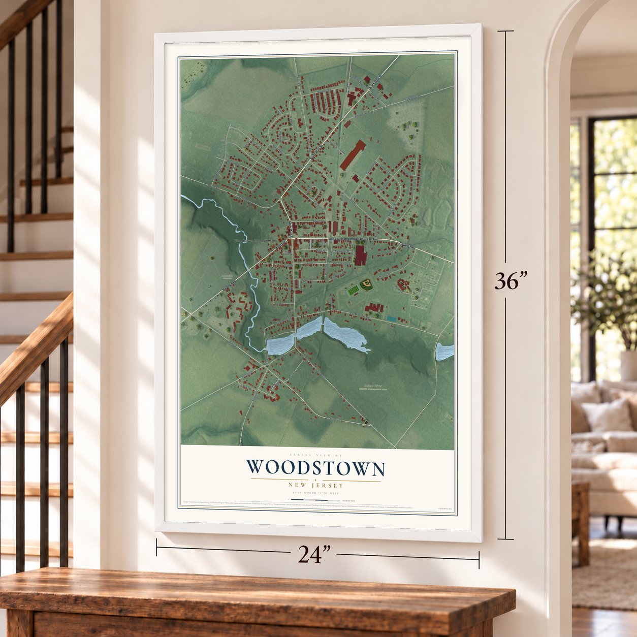 Woodstown, New Jersey map, 24 x 36 inch print in a white frame by a staircase