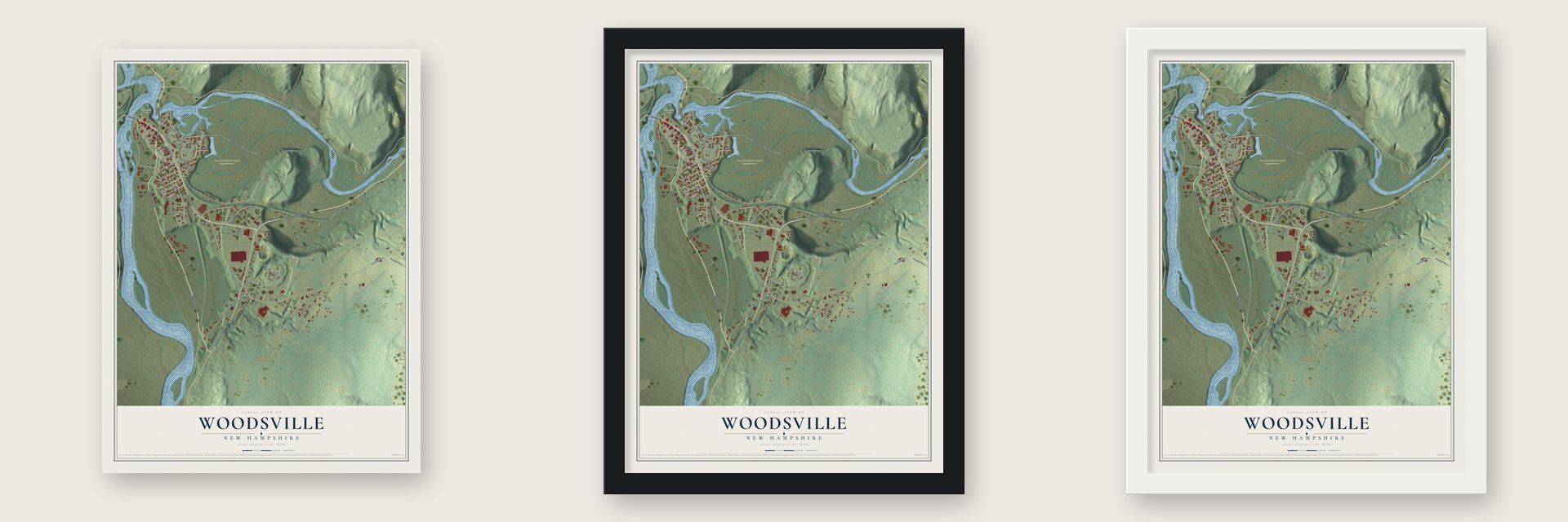 Woodsville, New Hampshire map unframed, in a black wood frame and in a white wood frame