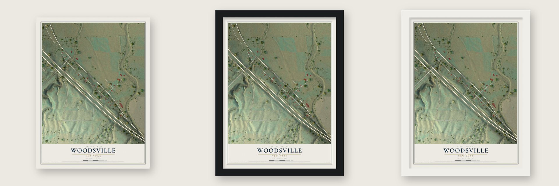 Woodsville, New York map unframed, in a black wood frame and in a white wood frame