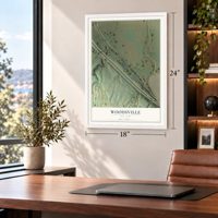 Woodsville, New York map, 18 x 24 inch print in a white frame in a home office