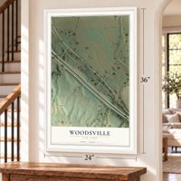Woodsville, New York map, 24 x 36 inch print in a white frame by a staircase