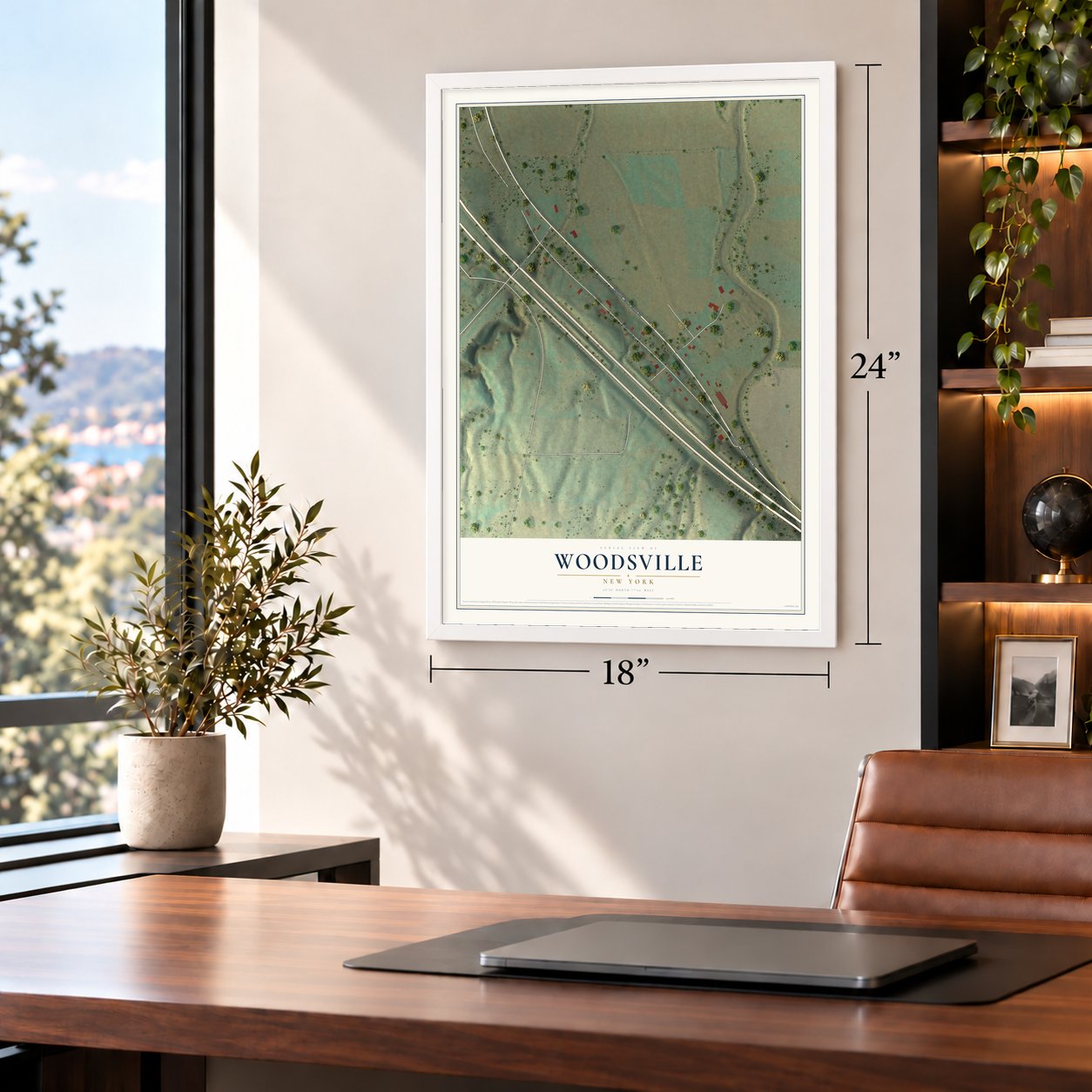 Woodsville, New York map, 18 x 24 inch print in a white frame in a home office