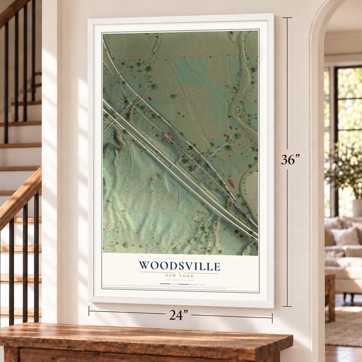 Woodsville, New York map, 24 x 36 inch print in a white frame by a staircase