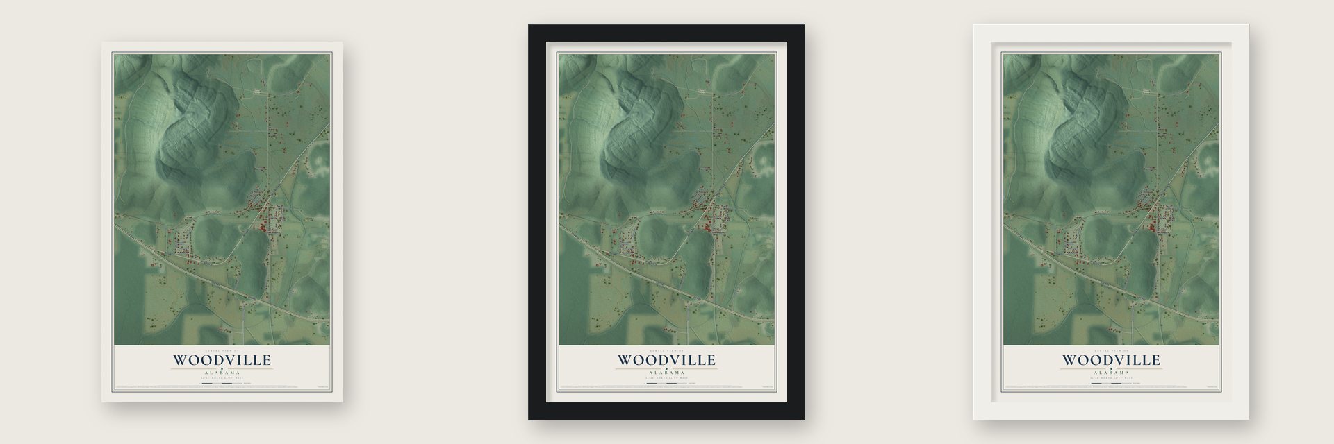 Woodville, Alabama map unframed, in a black wood frame and in a white wood frame