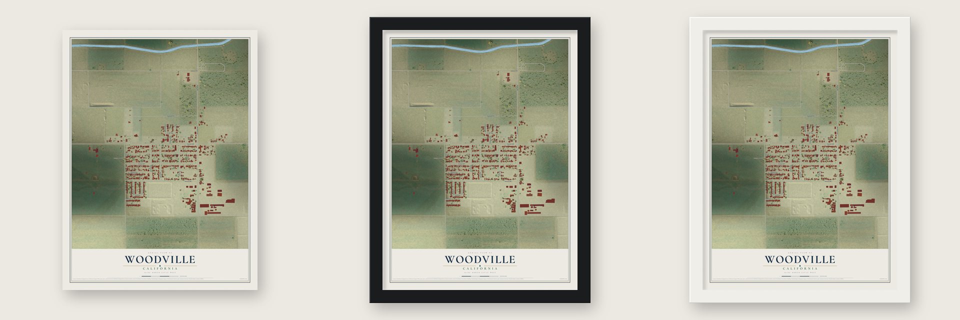 Woodville, California map unframed, in a black wood frame and in a white wood frame