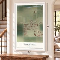 Woodville, California map, 24 x 36 inch print in a white frame by a staircase