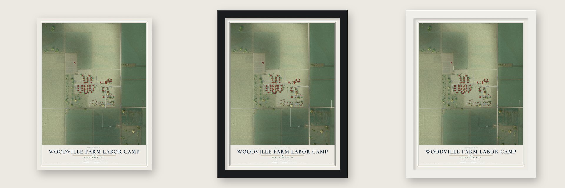Woodville Farm Labor Camp, California map unframed, in a black wood frame and in a white wood frame