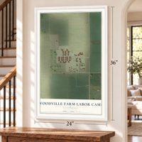Woodville Farm Labor Camp, California map, 24 x 36 inch print in a white frame by a staircase