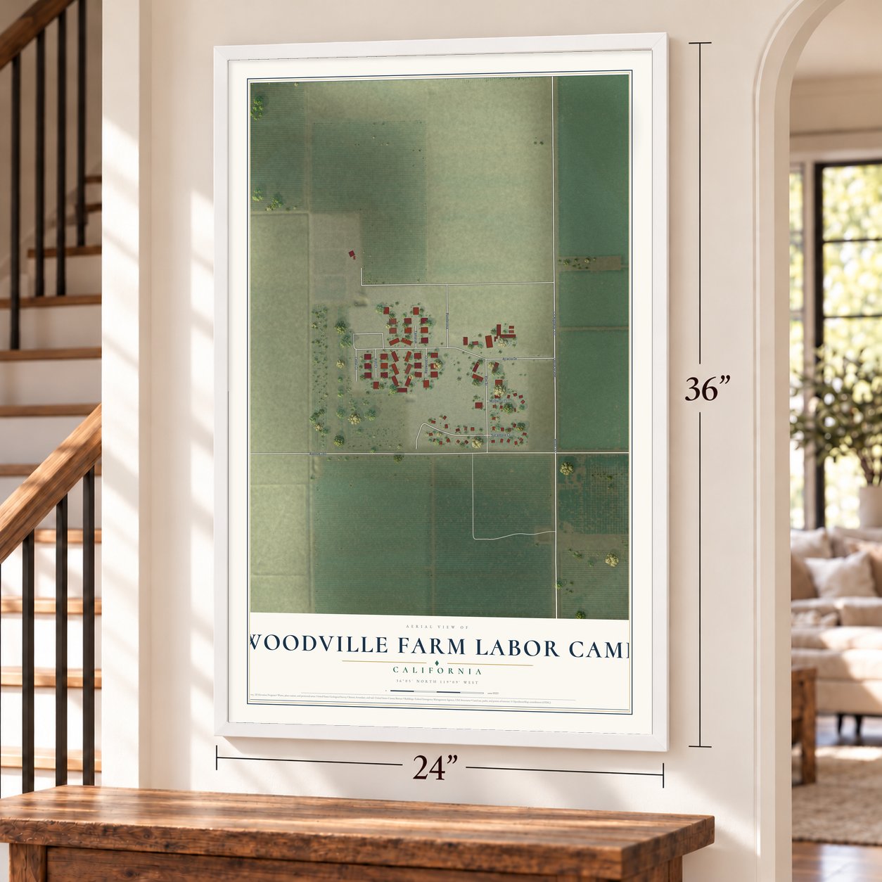 Woodville Farm Labor Camp, California map, 24 x 36 inch print in a white frame by a staircase