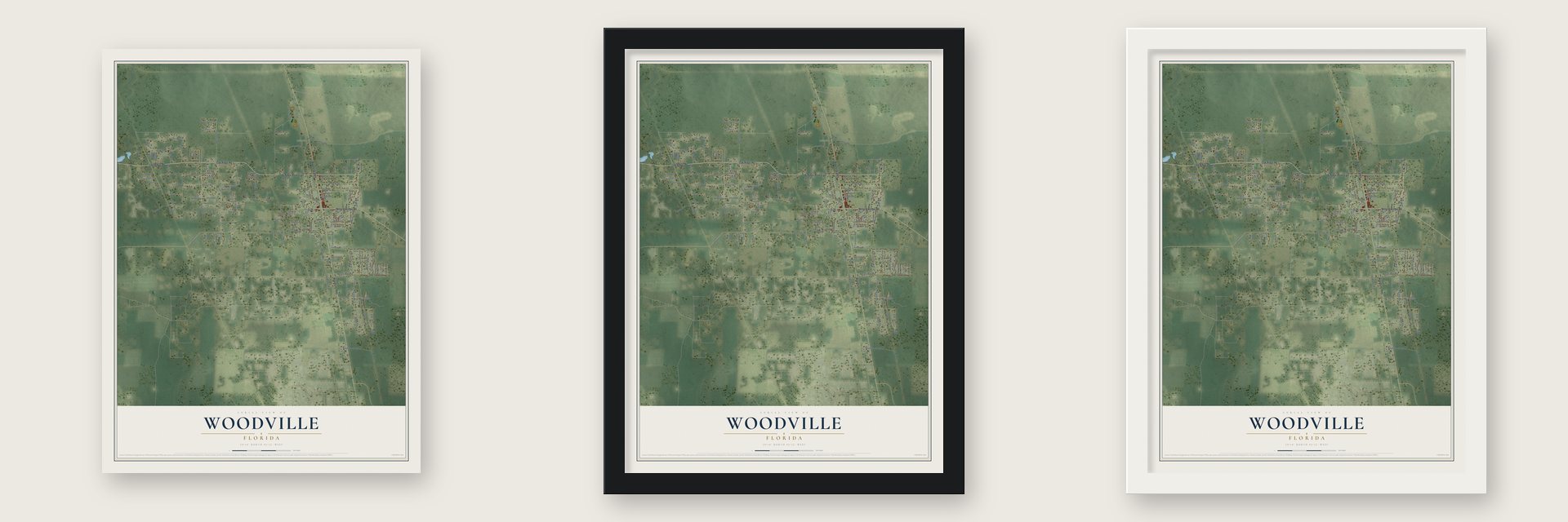 Woodville, Florida map unframed, in a black wood frame and in a white wood frame