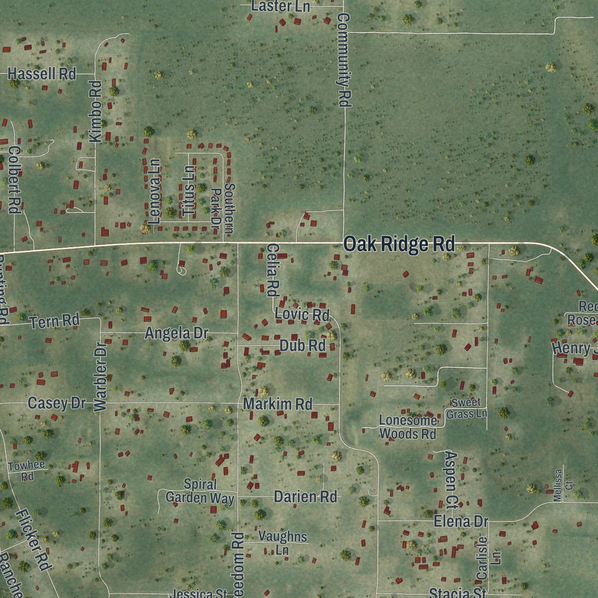 Second close-up of the map of Woodville, Florida print showing more streets and buildings
