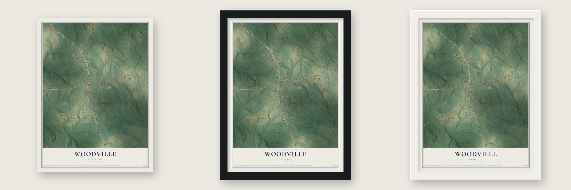 Woodville, Georgia map unframed, in a black wood frame and in a white wood frame