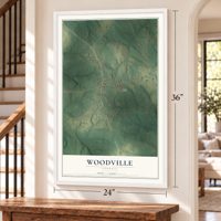 Woodville, Georgia map, 24 x 36 inch print in a white frame by a staircase