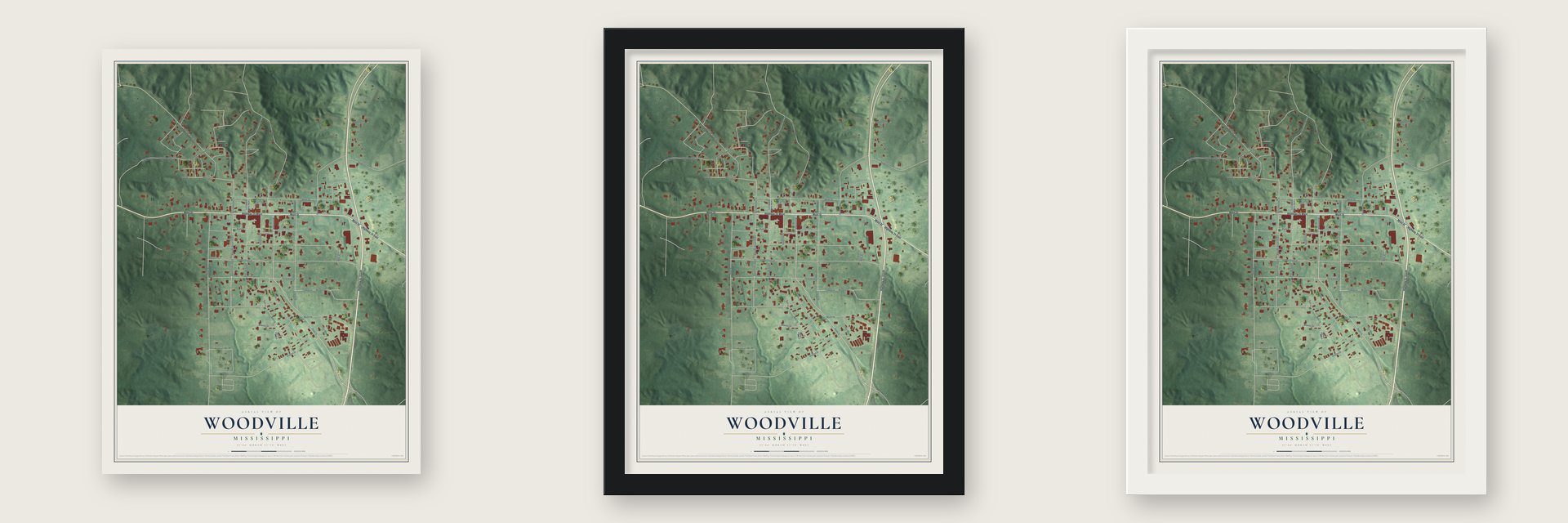 Woodville, Mississippi map unframed, in a black wood frame and in a white wood frame