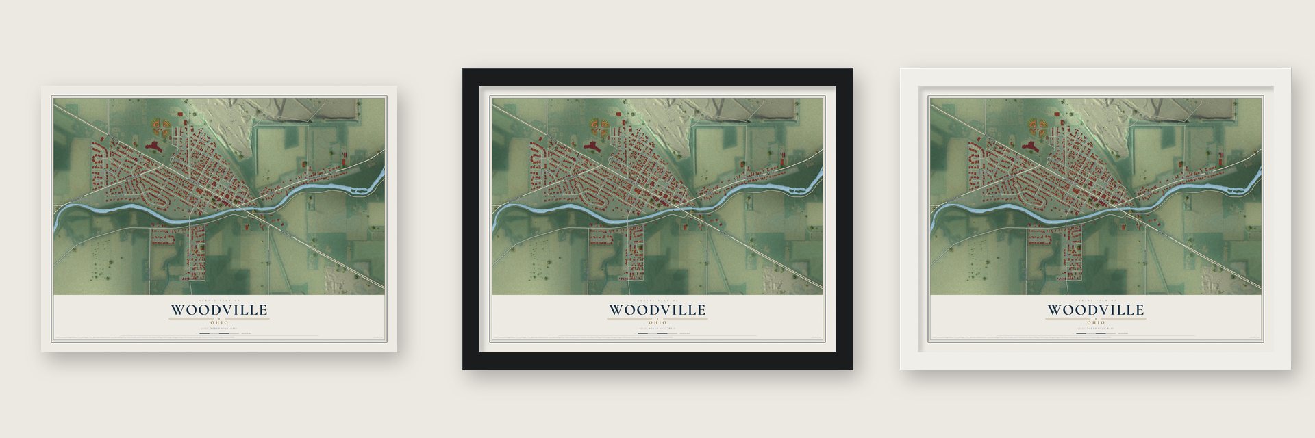 Woodville, Ohio map unframed, in a black wood frame and in a white wood frame