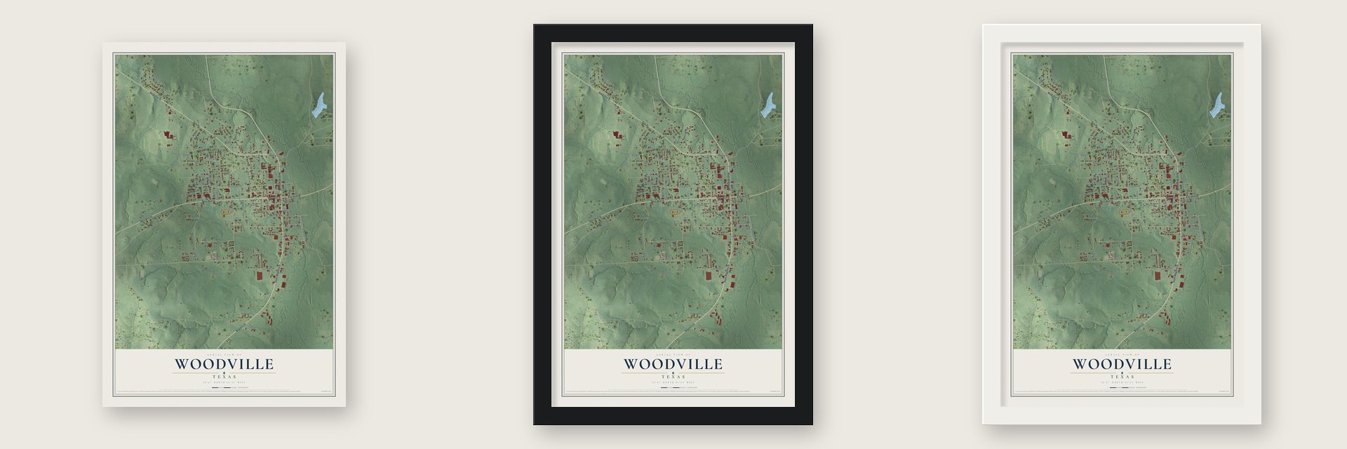 Woodville, Texas map unframed, in a black wood frame and in a white wood frame