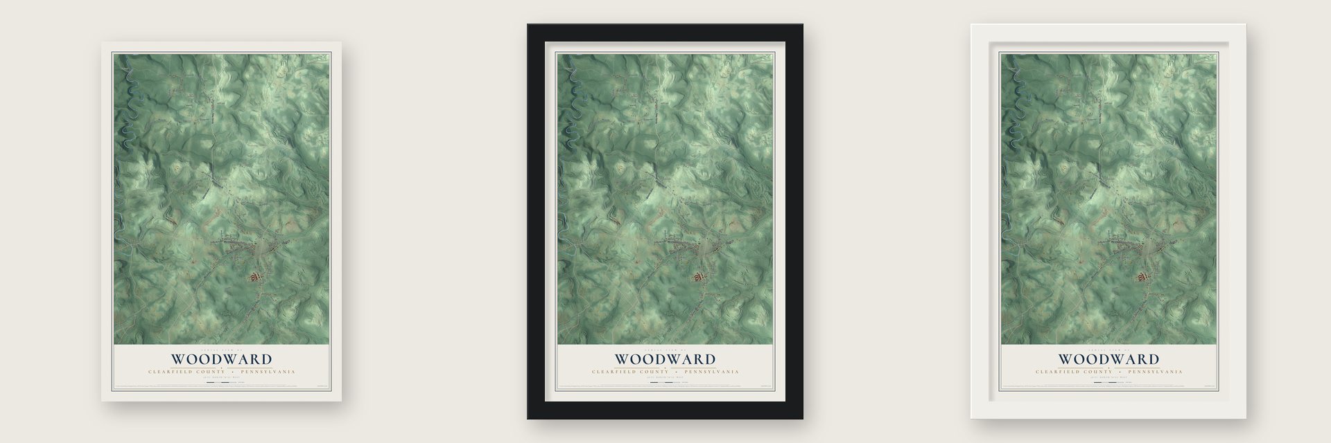 Woodward, Clearfield County, Pennsylvania map unframed, in a black wood frame and in a white wood frame