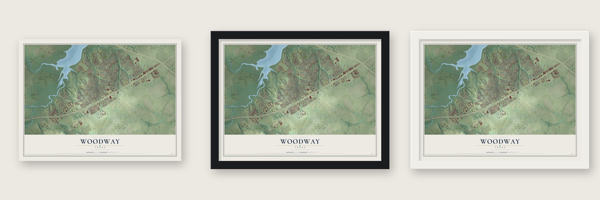 Woodway, Texas map unframed, in a black wood frame and in a white wood frame