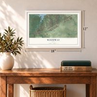 Woodway, Texas map, 12 x 18 inch print in a white frame in an entryway
