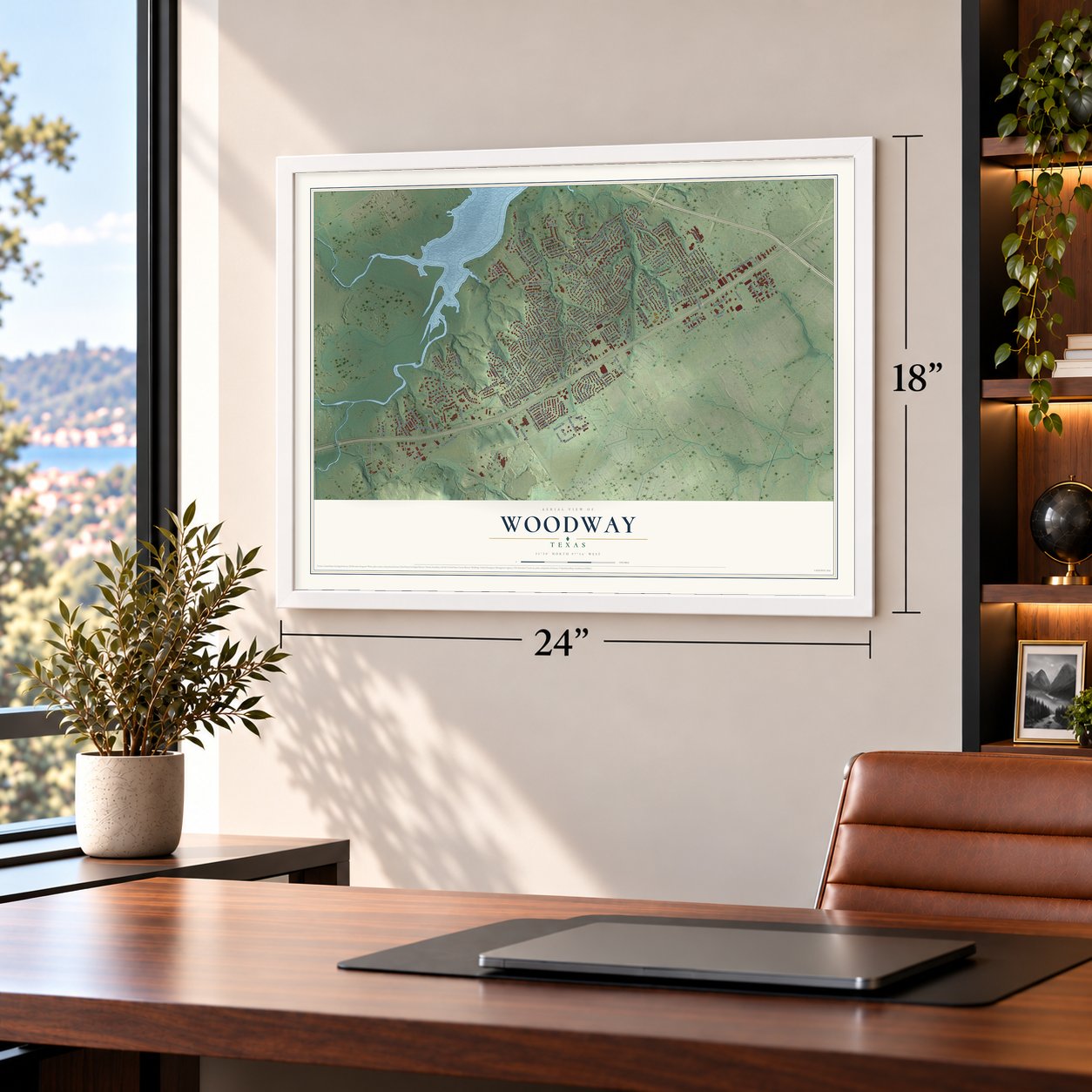 Woodway, Texas map, 18 x 24 inch print in a white frame in a home office