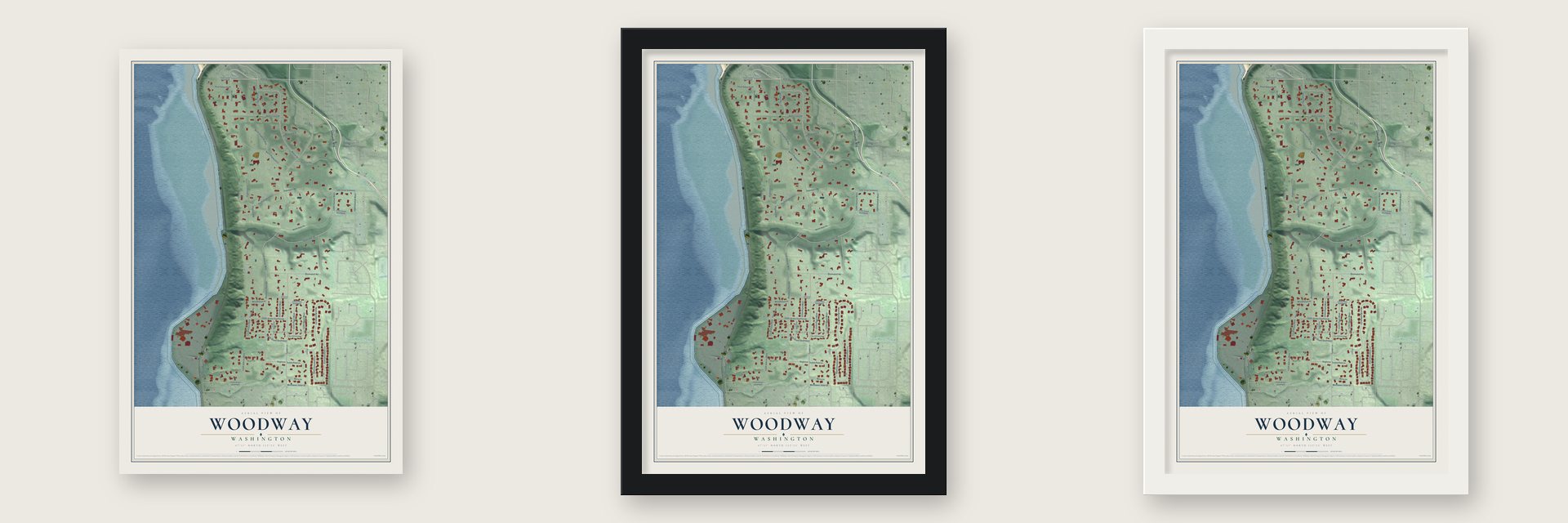 Woodway, Washington map unframed, in a black wood frame and in a white wood frame