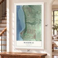 Woodway, Washington map, 24 x 36 inch print in a white frame by a staircase