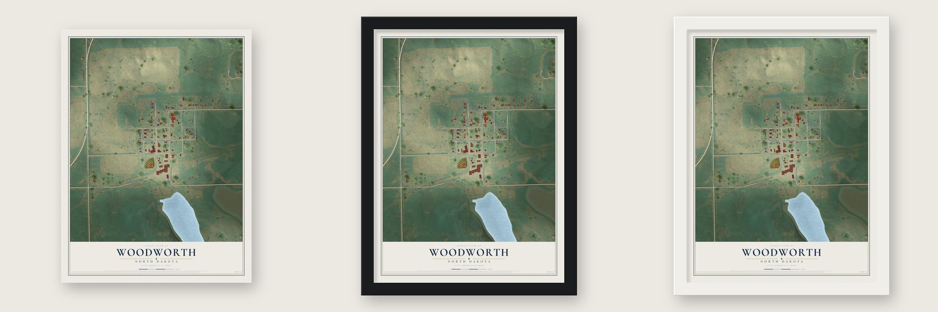 Woodworth, North Dakota map unframed, in a black wood frame and in a white wood frame