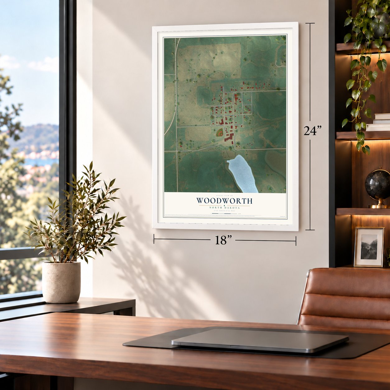 Woodworth, North Dakota map, 18 x 24 inch print in a white frame in a home office