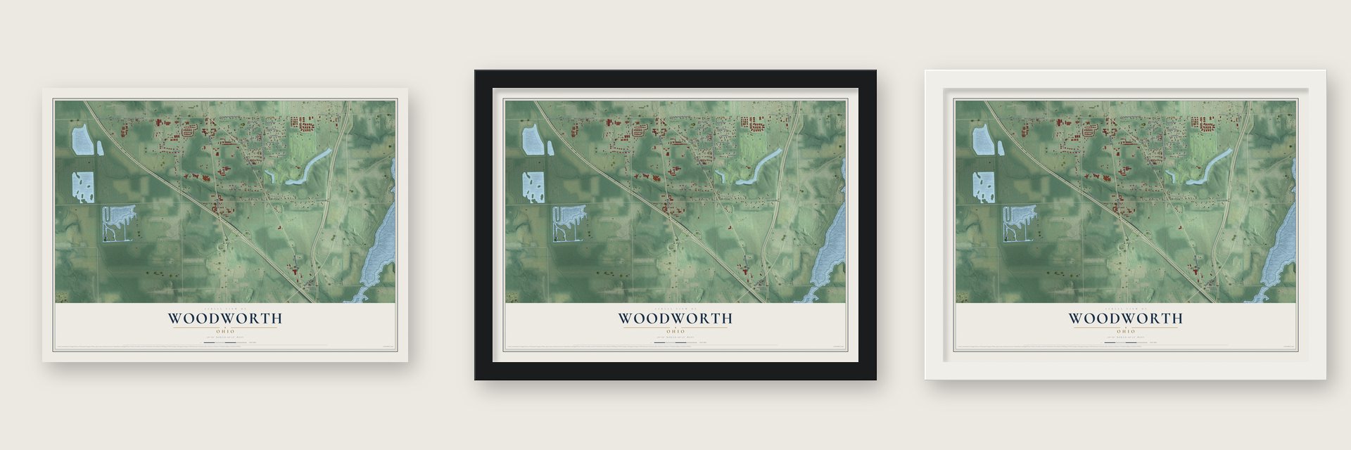 Woodworth, Ohio map unframed, in a black wood frame and in a white wood frame