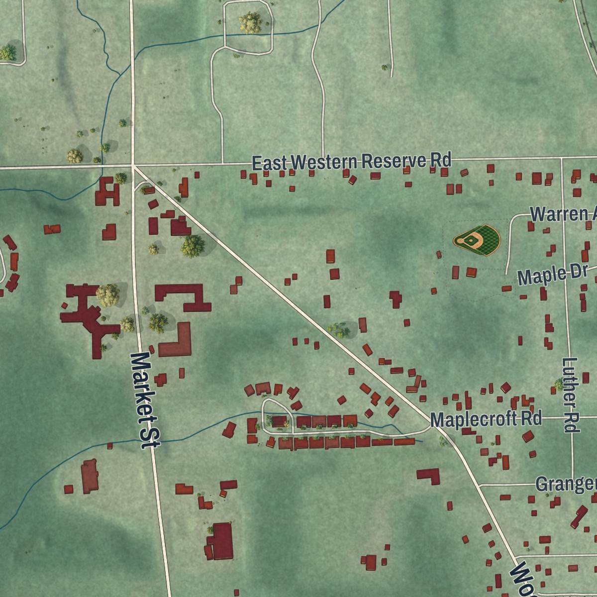Second close-up of the map of Woodworth, Ohio print showing more streets and buildings