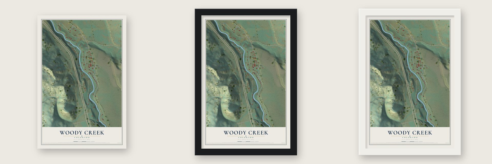 Woody Creek, Colorado map unframed, in a black wood frame and in a white wood frame
