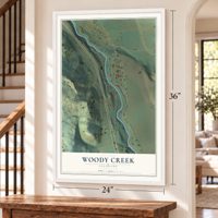 Woody Creek, Colorado map, 24 x 36 inch print in a white frame by a staircase