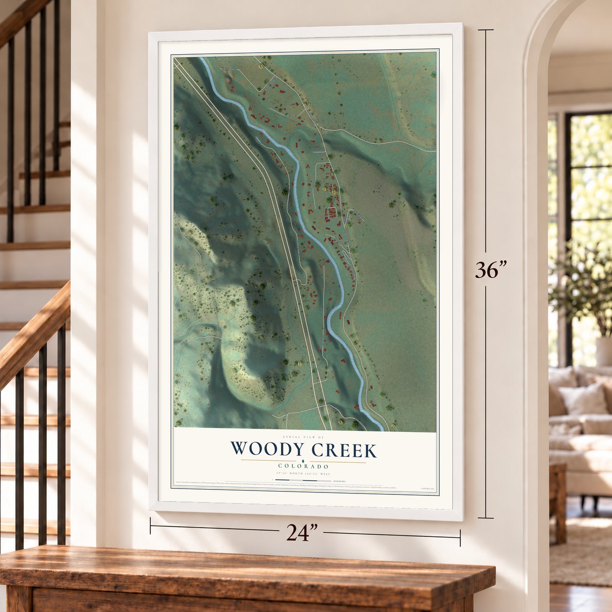 Woody Creek, Colorado map, 24 x 36 inch print in a white frame by a staircase