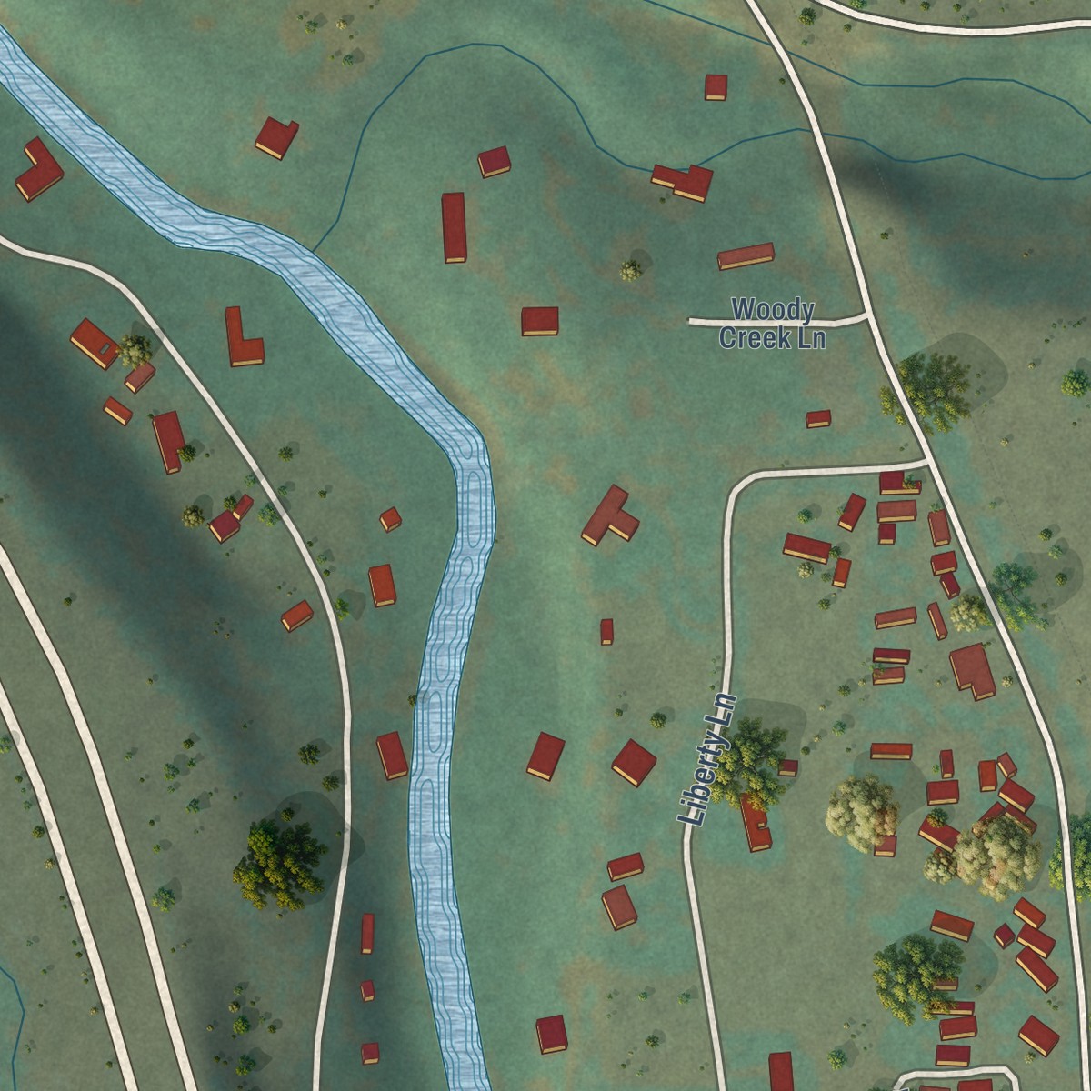 Second close-up of the map of Woody Creek, Colorado print showing more streets and buildings
