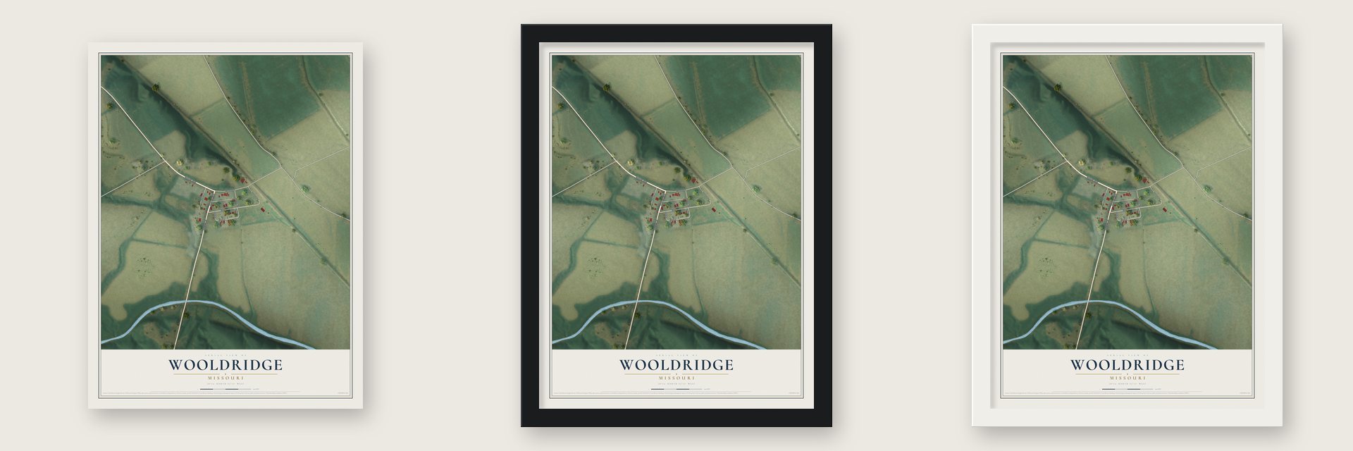 Wooldridge, Missouri map unframed, in a black wood frame and in a white wood frame
