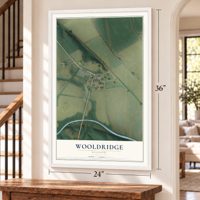 Wooldridge, Missouri map, 24 x 36 inch print in a white frame by a staircase