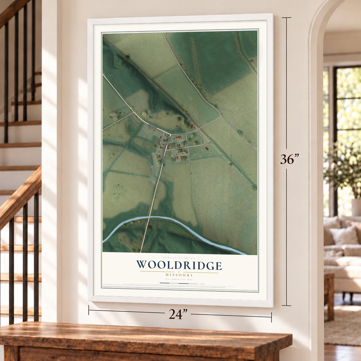 Wooldridge, Missouri map, 24 x 36 inch print in a white frame by a staircase