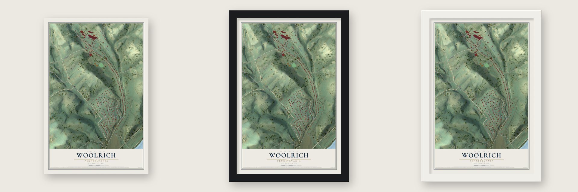 Woolrich, Pennsylvania map unframed, in a black wood frame and in a white wood frame