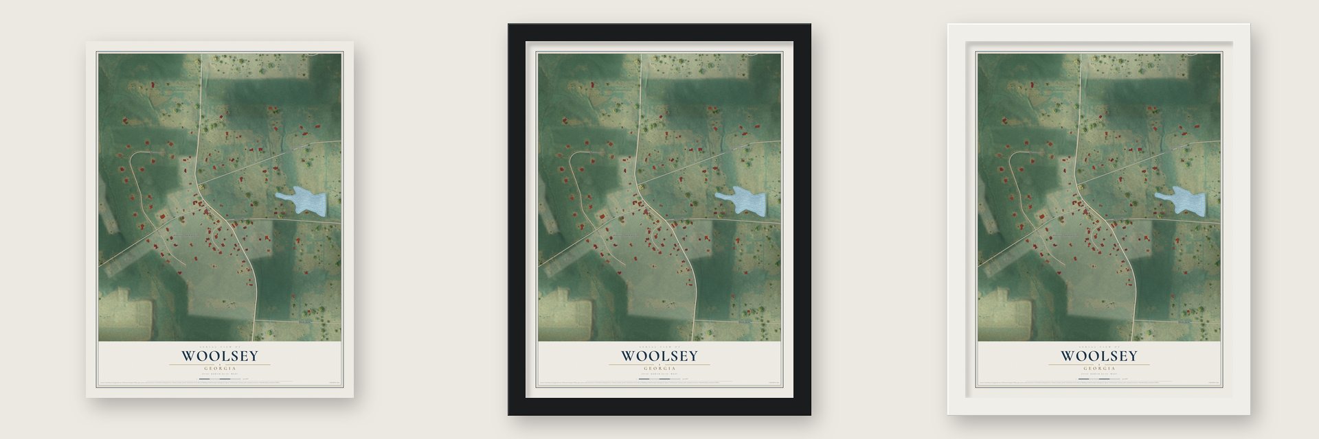 Woolsey, Georgia map unframed, in a black wood frame and in a white wood frame