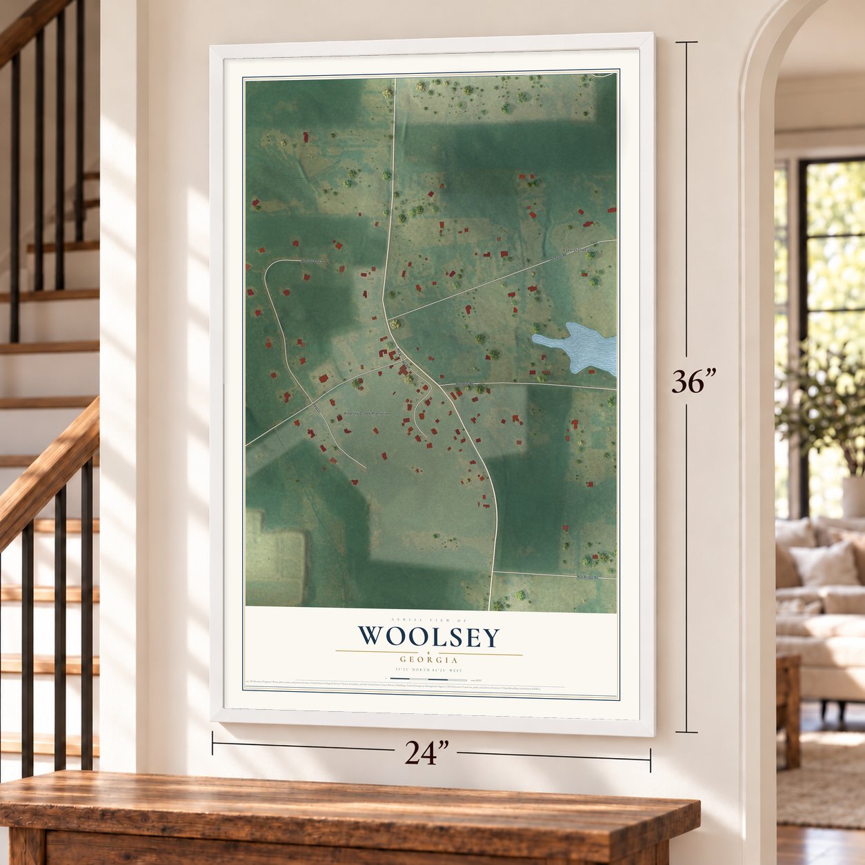Woolsey, Georgia map, 24 x 36 inch print in a white frame by a staircase