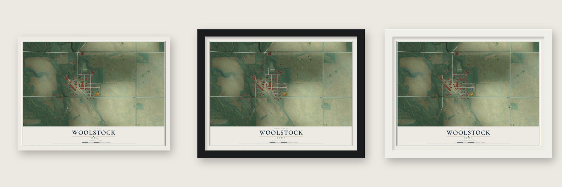 Woolstock, Iowa map unframed, in a black wood frame and in a white wood frame