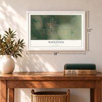 Woolstock, Iowa map, 12 x 18 inch print in a white frame in an entryway