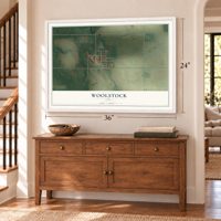 Woolstock, Iowa map, 24 x 36 inch print in a white frame above a dresser by a staircase