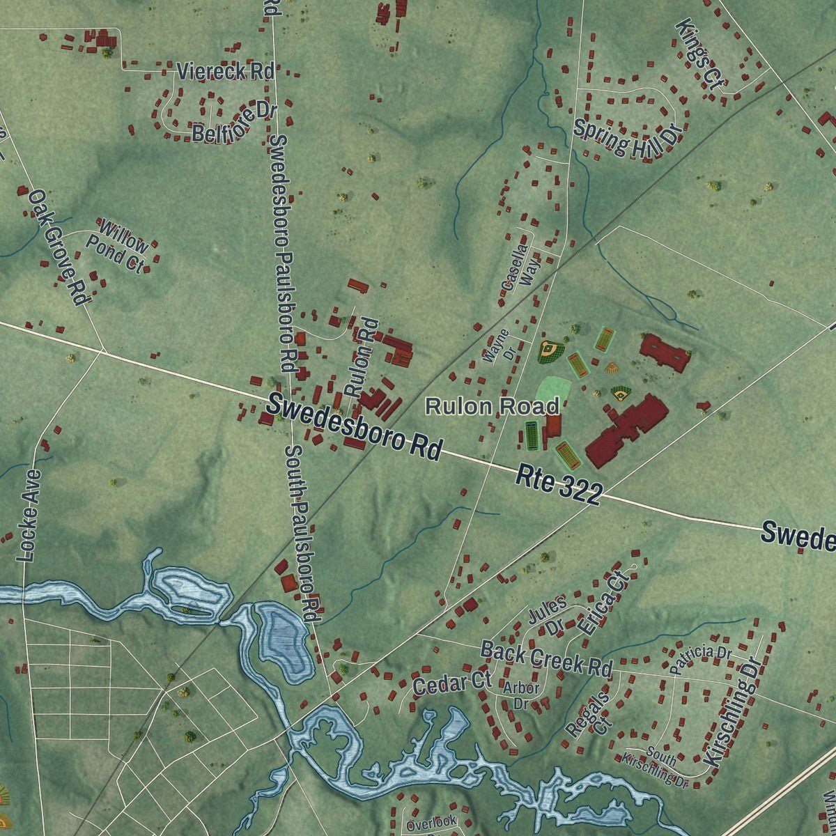 Second close-up of the map of Woolwich, New Jersey print showing more streets and buildings