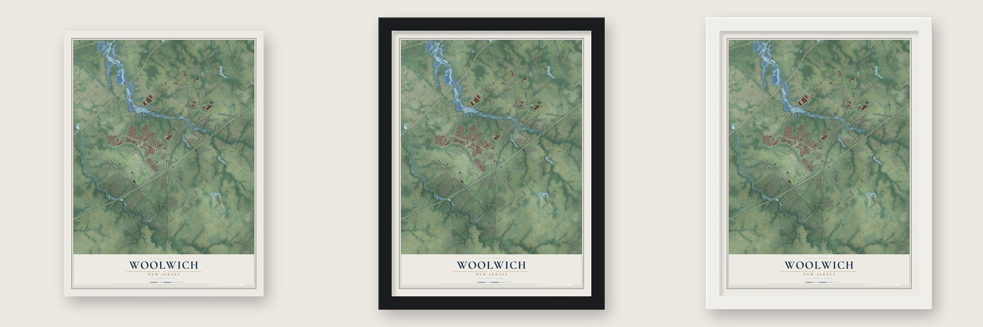 Woolwich, New Jersey map unframed, in a black wood frame and in a white wood frame