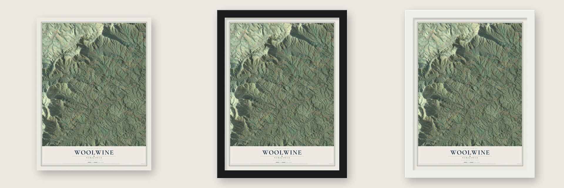 Woolwine, Virginia map unframed, in a black wood frame and in a white wood frame